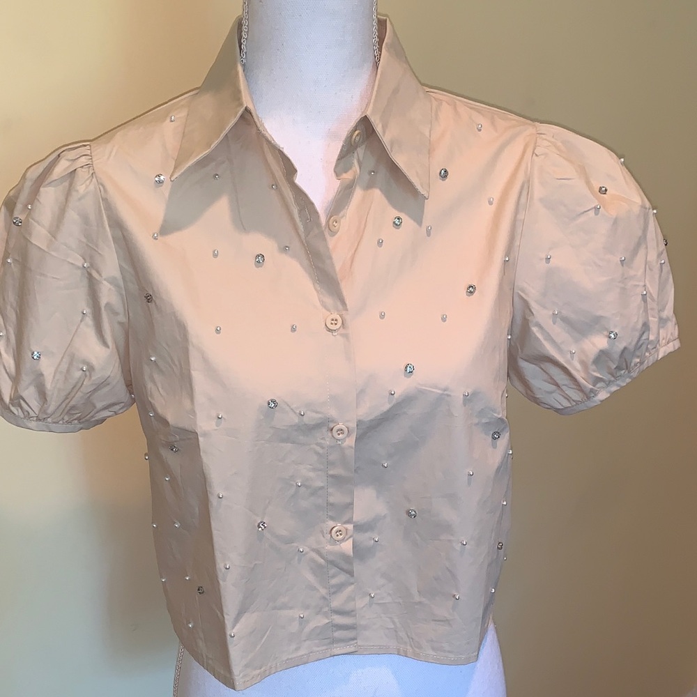 Elegant Beige Puff Sleeve Embellished Blouse Lightweight Coquette Neutral